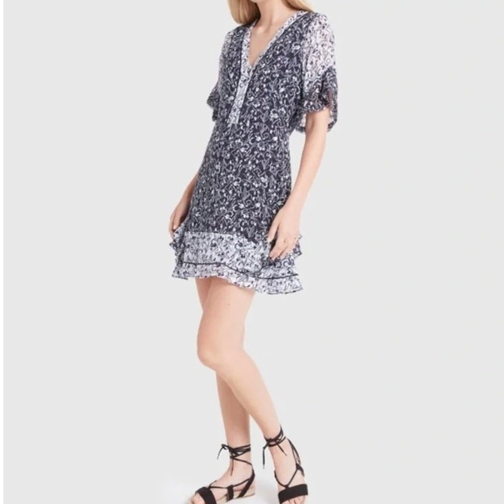 Tanya Taylor Kayla Silk Cotton Floral Ruffle Mini Dress Navy White V-Neck Size 4